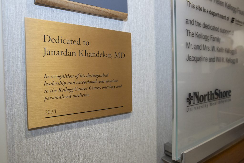 Dr. Khandekar plaque at the Kellogg Cancer Center